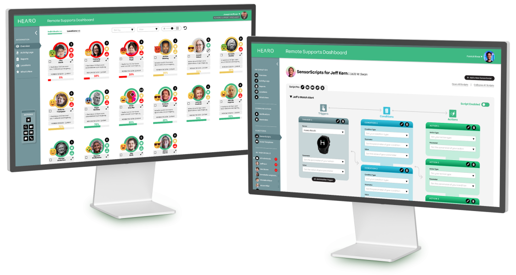 Hearo Care Console interface on desktop monitors