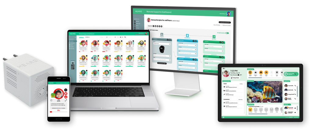 Hearo hub and Hearo software on desktop, laptop, tablet, and mobile phone